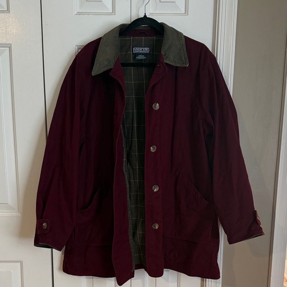 Lands End Mens Flannel Lined Barn Coat Corduroy Trim Chore Field Jacket